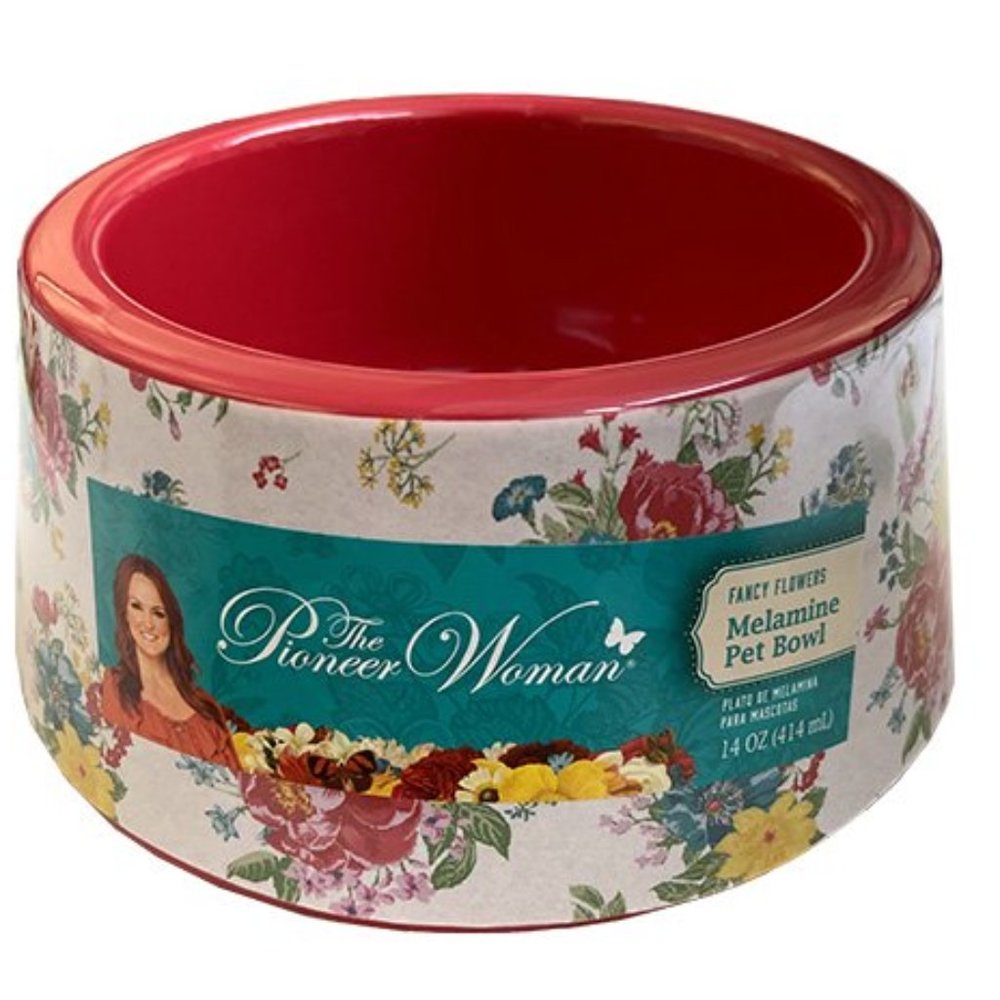 Pioneer Woman Pet Bowl Small Melamine Fancy Flowers Pink Red Floral Dish Dog Cat